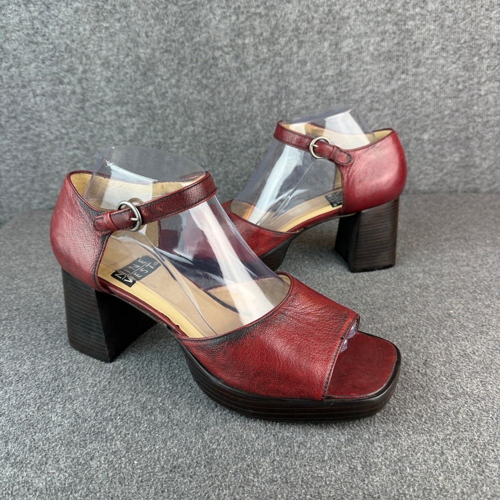 Nine West Womens 9N Red Leather Platform Sandals Square Toe Block Heel 90s Y2K